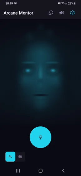 The app running: a faintly glowing face on a dark screen, a push-to-talk microphone button below it, and a Polish/English language toggle.